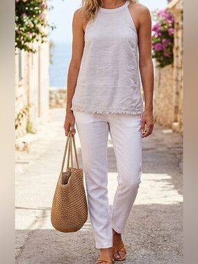 Pure Navy Sleeveless Pink & White Striped Button-Back Linen Top-Small.